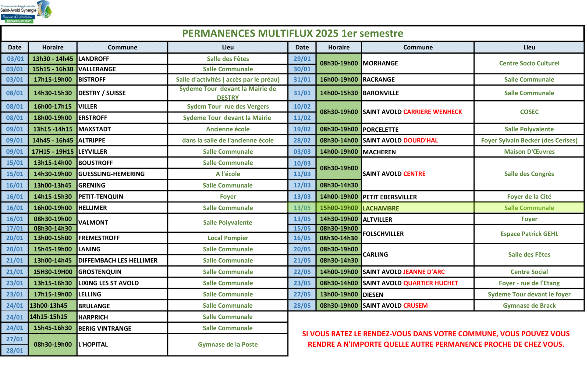 Calendrier des permanences 2025 - 1er semestre