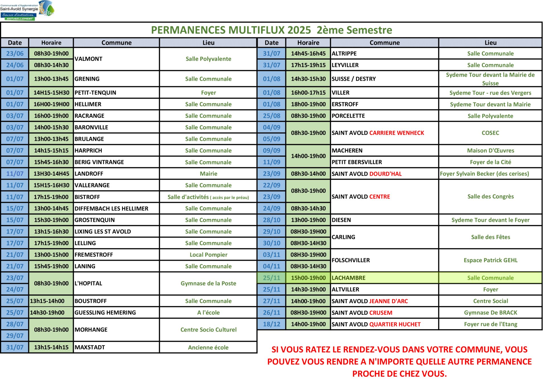 Calendrier des permanences 2025 - 2nd semestre